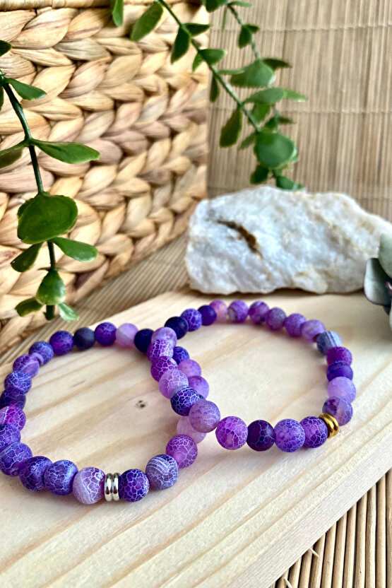 Mor Buzlu Akik Doğal Taş Unisex Bileklik 8mm - Altın Halka