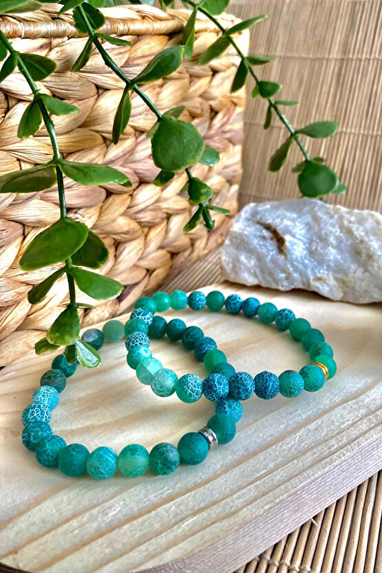 Yeşil Buzlu Akik Doğal Taş Unisex Bileklik 8mm - Altın Halka