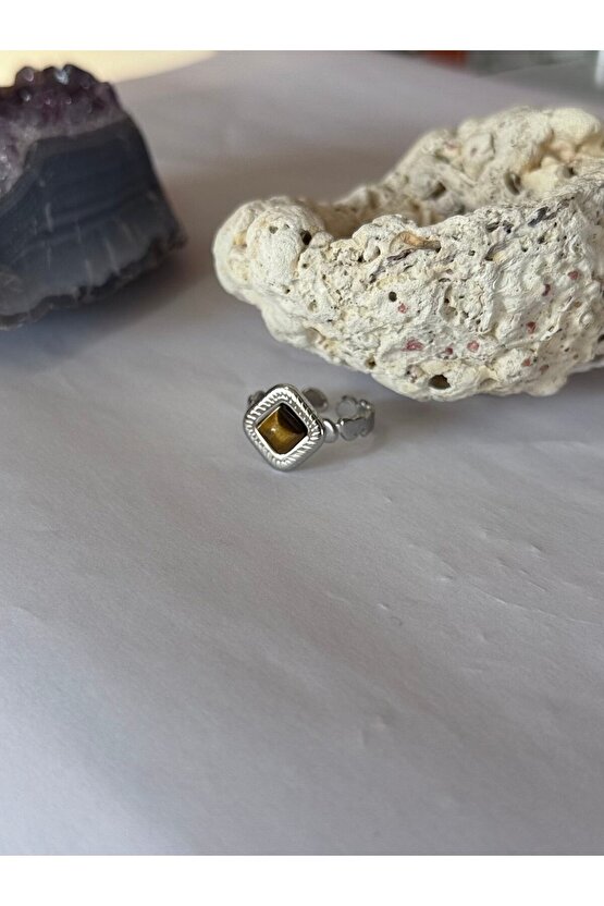 Kaplan Gözü Doğal Taş Ayarlamalı Yüzük ( Paslanmaz Çelik )