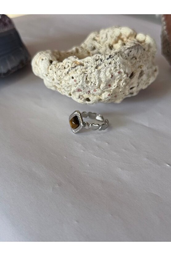 Kaplan Gözü Doğal Taş Ayarlamalı Yüzük ( Paslanmaz Çelik )