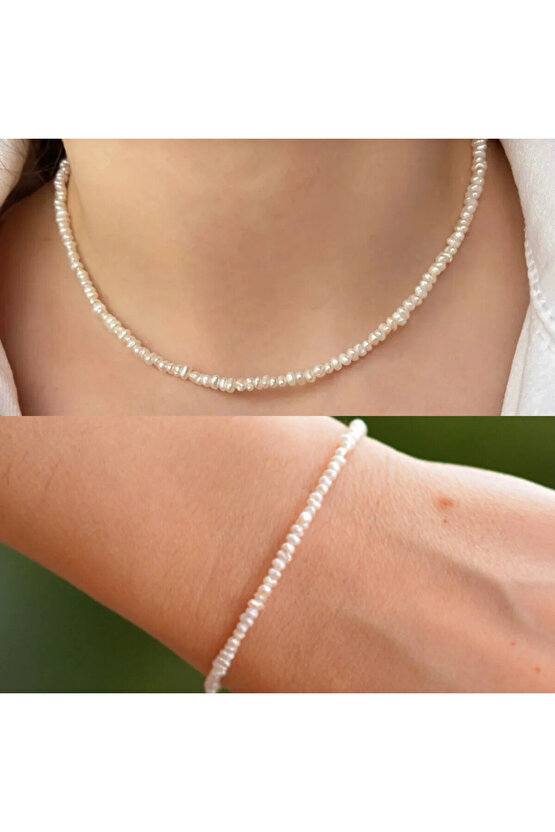 Doğal Kum İnci Kolye Bileklik Set