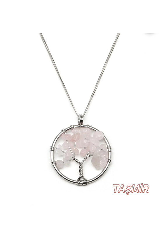 Pembe Kuvars Hayat Ağacı Doğal Taş Kolye