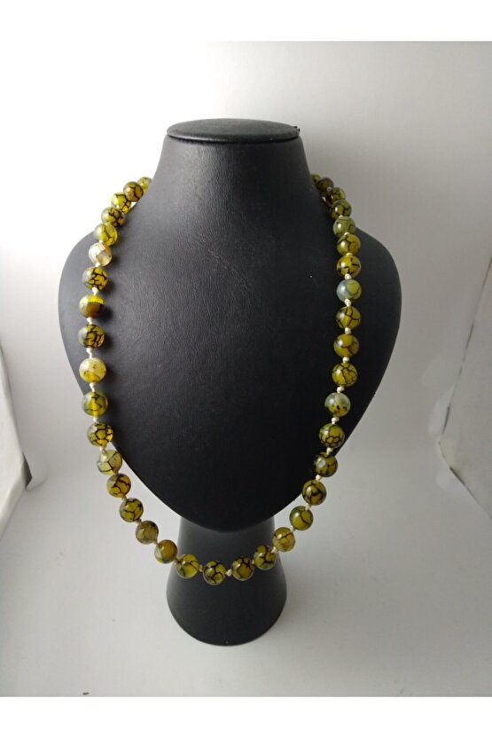 Doğaltaş Tasarım Kolye-yeşil Damarlı Akik Taşı Düğümlü Kolye