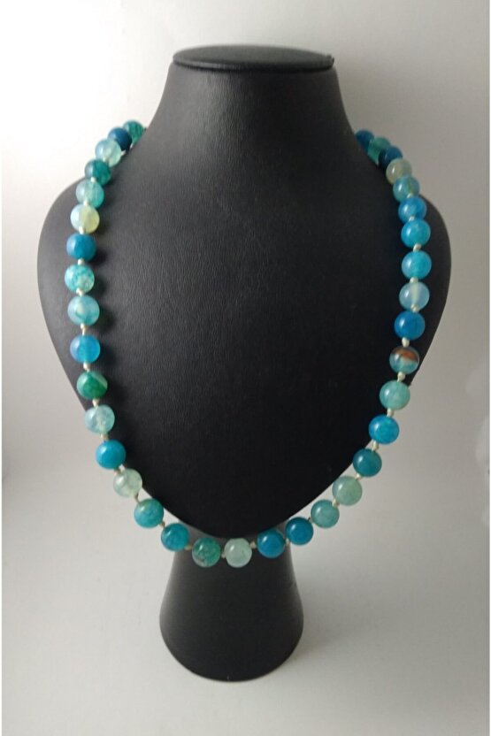 Doğaltaş Tasarım Kolye-mavi Akik Taşı Düğümlü Kolye