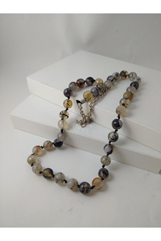 Doğaltaş Tasarım Kolye-siyah Damarlı Akik Taşı Düğümlü Kolye