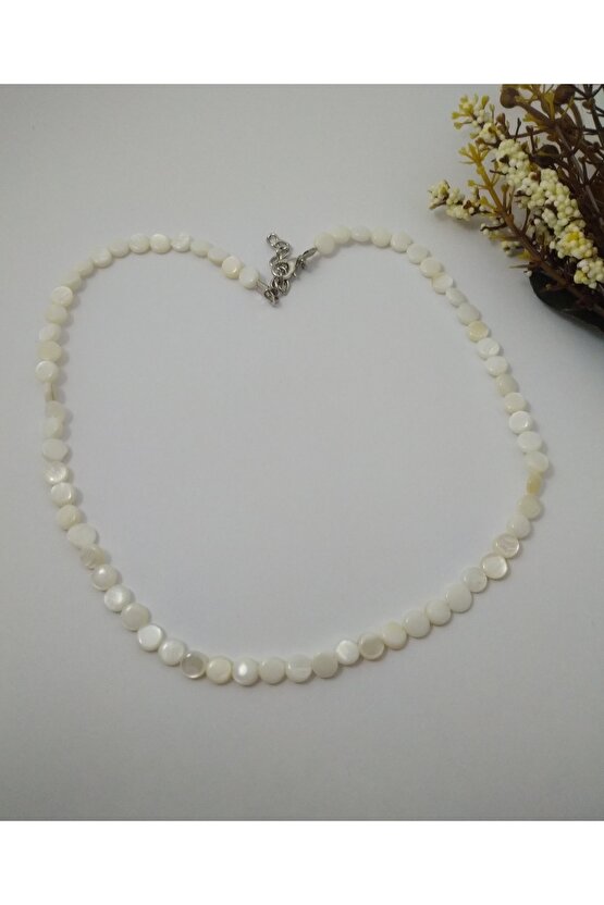 Beyaz Sedef Taşı Kolye  Doğaltaş Kolye 6 mm