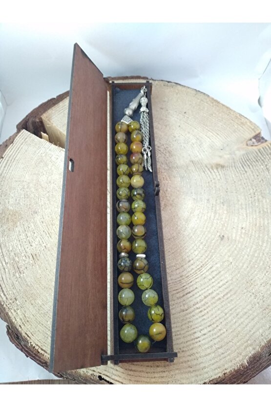 Yeşil Damarlı Akik Taşı Tespih Ahşap Kutulu  10 Mm Doğaltaş Tespih