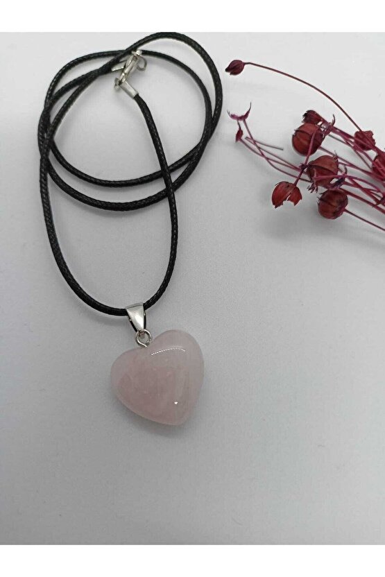 Pembe Kuvars Taşı Kolye Kalp Şeklinde Doğaltaş Koly