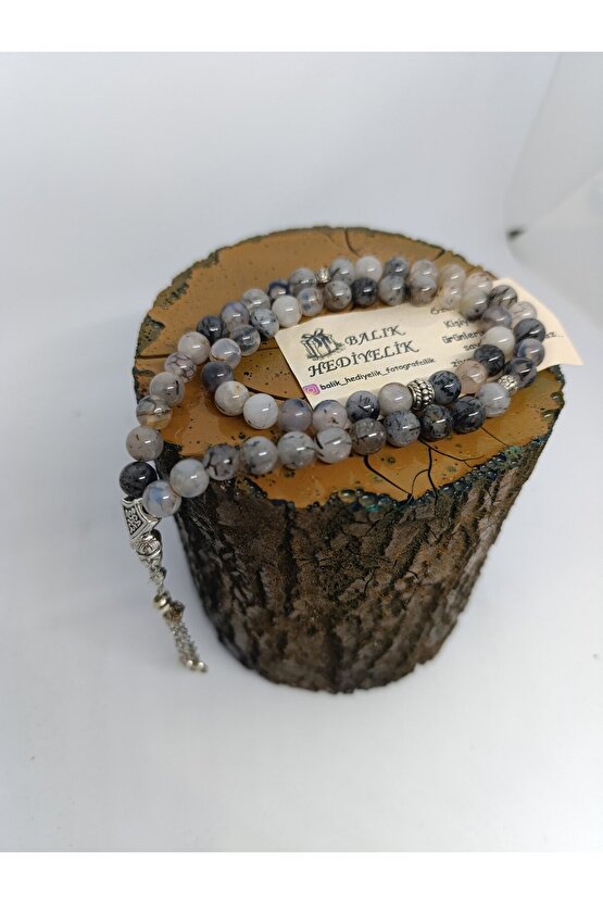 DOĞALTAŞ TESPİH-BİLEKLİK TAKIM AHŞAP KUTULU  GRİ DAMARLI AKİK TAŞI TESPİH VE BİLEKLİK TAKIM 1001