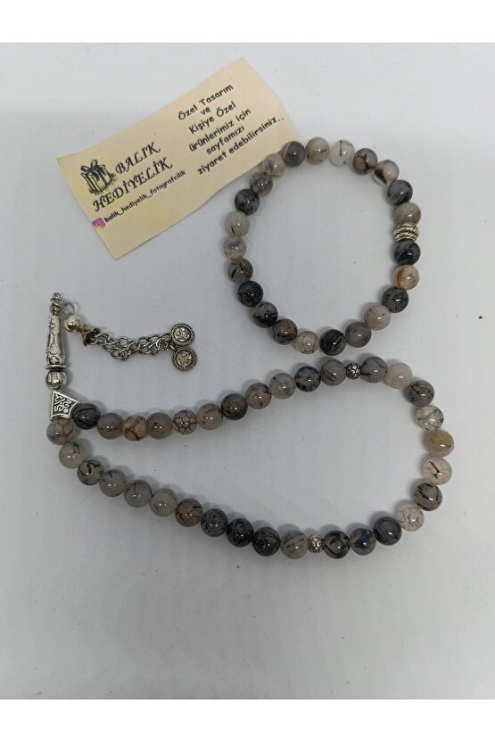 DOĞALTAŞ TESPİH-BİLEKLİK TAKIM AHŞAP KUTULU  GRİ DAMARLI AKİK TAŞI TESPİH VE BİLEKLİK TAKIM 1001