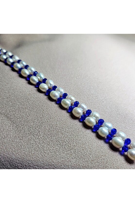 İnci Doğal Taş Halhal - Saks Mavisi - 1 Adet ( El Yapımı Tasarım Ürünler )