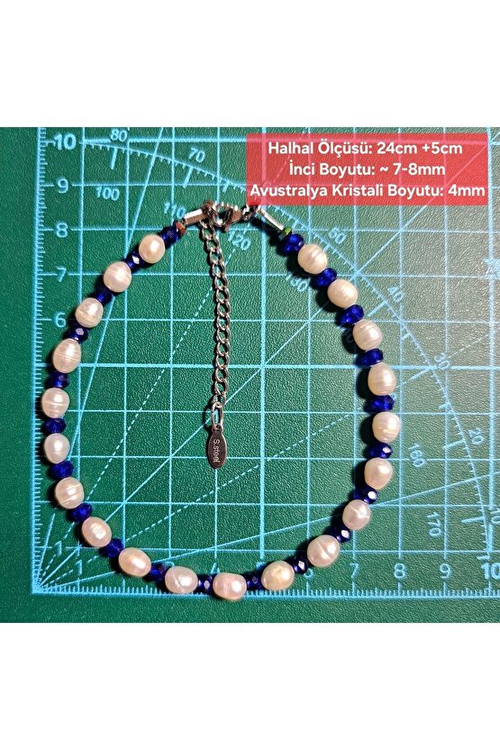 İnci Doğal Taş Halhal - Saks Mavisi - 1 Adet ( El Yapımı Tasarım Ürünler )