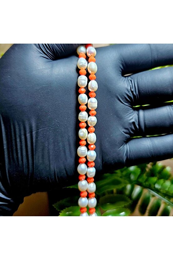 İnci Doğal Taş Halhal - Turuncu (BÜYÜK) - 1 Adet ( El Yapımı Tasarım Ürünler )