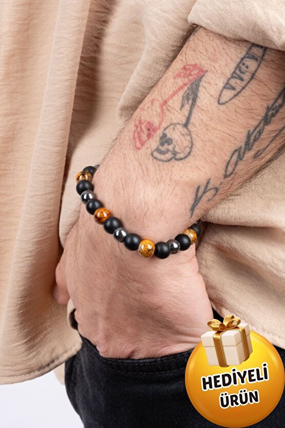Unisex Koruma Enerji Güç Denge Çakra Bilekliği Kaplangözü Oniks Hematit Hediyelik Bileklik