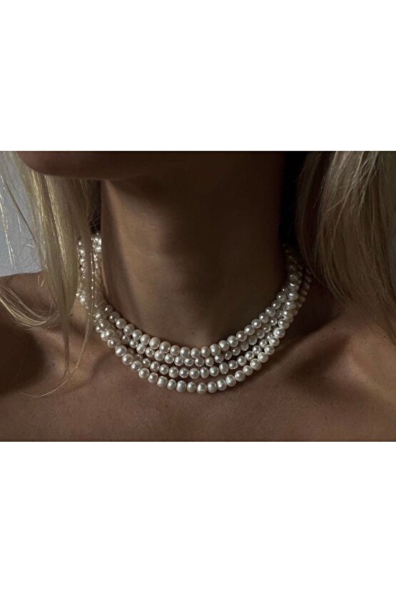 Gerçek İnci 4 Sıra Choker Kadın Tarz Kolye