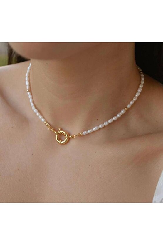 Gerçek Kum Arpa İnci Kolye Denizci Kapama Tasarımlı