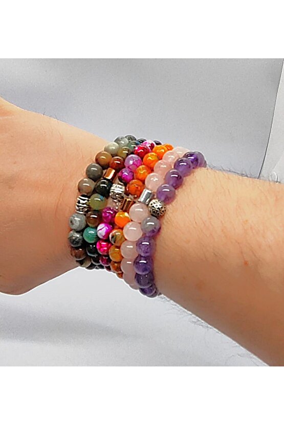 Ametist & Pembe Kuvars & 3 Adet Akik & Jasper 6’lı Doğal Taş Bileklik Seti Hediye Aksesuar Kombin