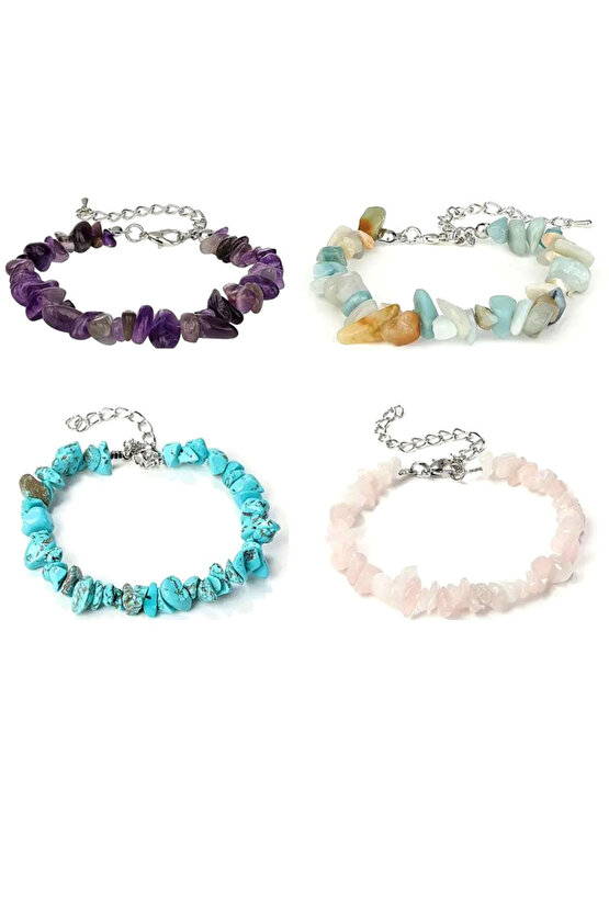 KIRIKTAŞ BİLEKLİK 4LÜ SET AMETİST,AMAZONİT,TURKUAZ,PEMBE KUVARS
