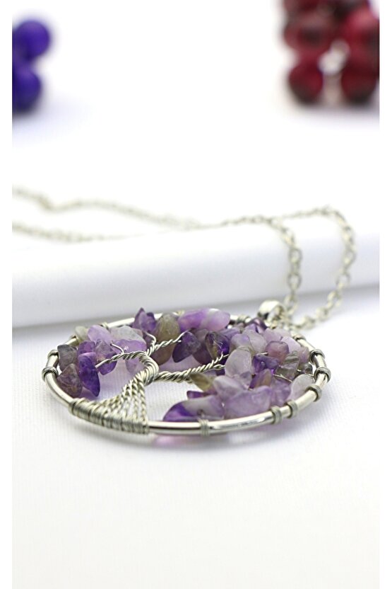 Doğal Taşlı Hayat Ağacı Kolye (MOR)