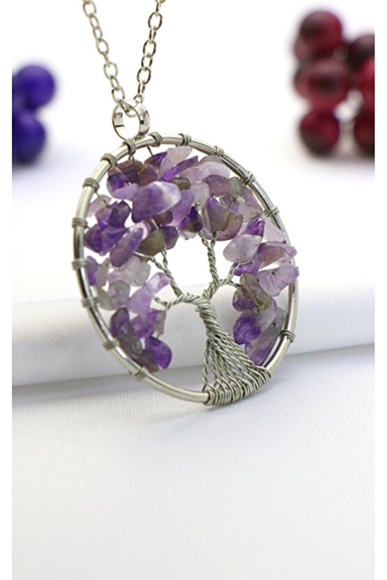 Doğal Taşlı Hayat Ağacı Kolye (MOR)