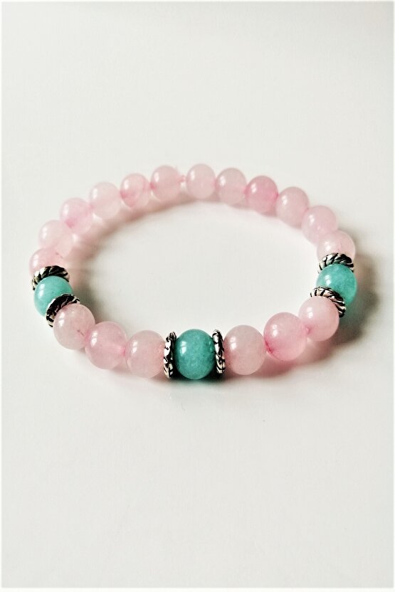 Sertifikalı Pembe Kuvars ,mavi Akik Doğal Taş Kadın Bileklik