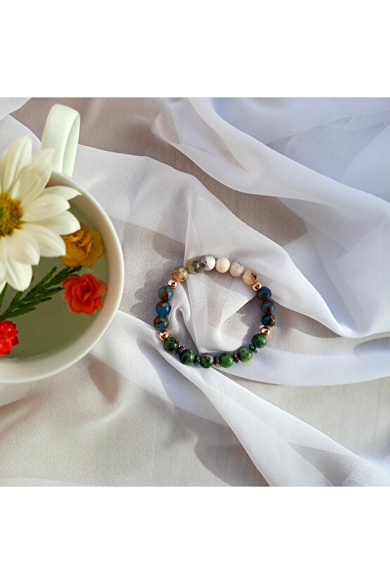 Opal ,murano Kuvars ,anyolit, Hematit, Flora Model Doğal Taş Bileklik