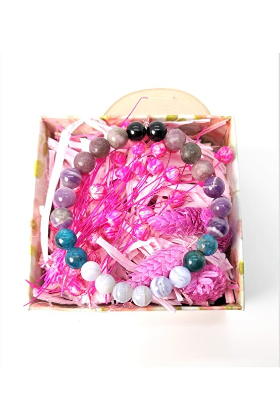 Mavi Dentrit Akik Apatit Ametist Lepidolit Siyah Turmalin Bileklik 8 Mm (18 Cm)