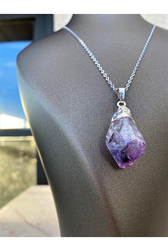 Ametist  Doğal Taş Kolye - (işlenmemiş Ham Hali) - Kolye Ucu + Zincir