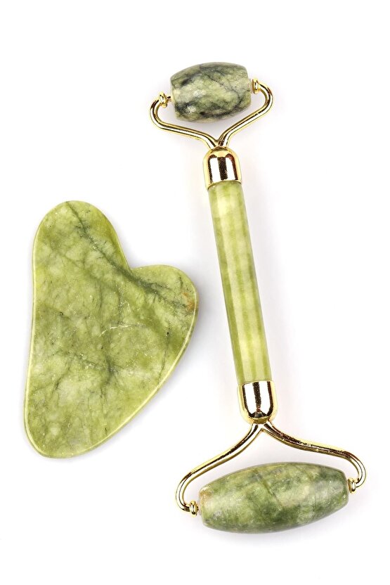 Yeşim Doğal Taş Serfitikalı 2li Özel Kutulu Set Face Roller Gua Sha Masaj Taşı