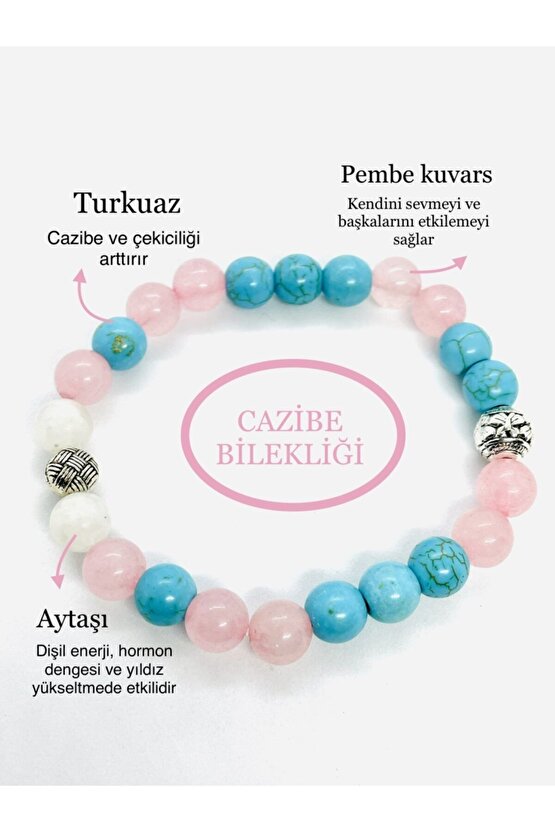 Doğaltaş Kadın Cazibe Bilekliği (ay Taşı Pembe Kuvars Turkuaz Doğal Taş Bileklik)