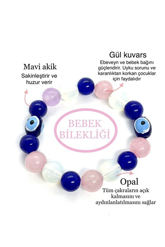 Doğaltaş Bebek Bilekliği(aytaşı Gül Kuvars Mavi Akik Bileklik)