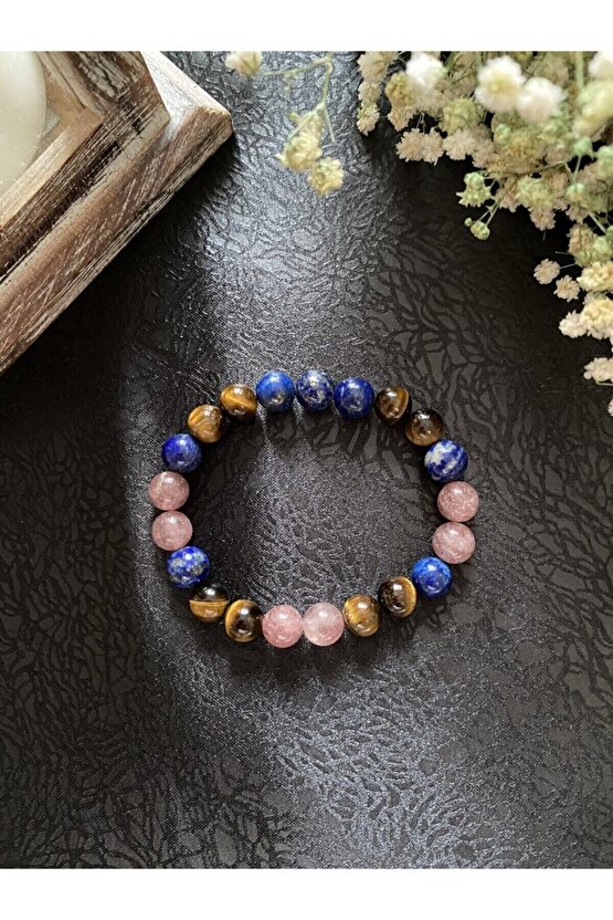 Doğal Taşlı Burç Bilekliği Boğa Burcu (kaplangözü-lapis Lazuli -çilek Kuvars)