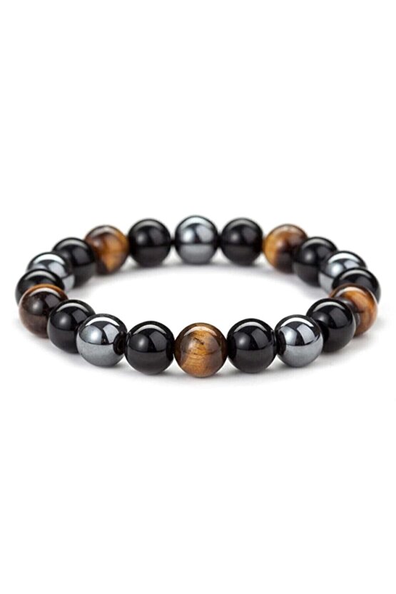 Kaplan Gözü - Hematit Ve Oniks Taş Bileklik Sağlık Mıknatısı, Erkek- Kadın Doğal Taş Bileklik