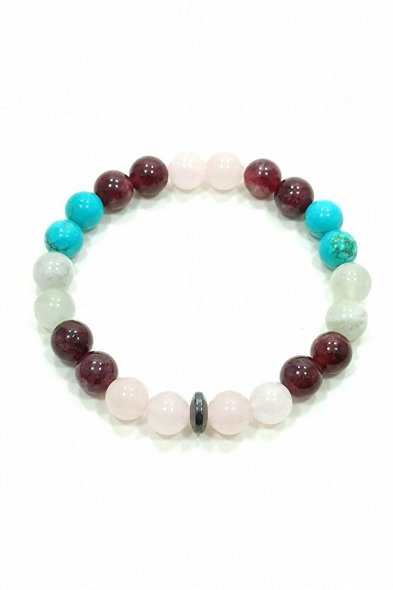 Cazibe Bilekliği Pembe Kuvars Granat(lal) Aytaşı Turkuaz Doğal Taş Bileklik Rio