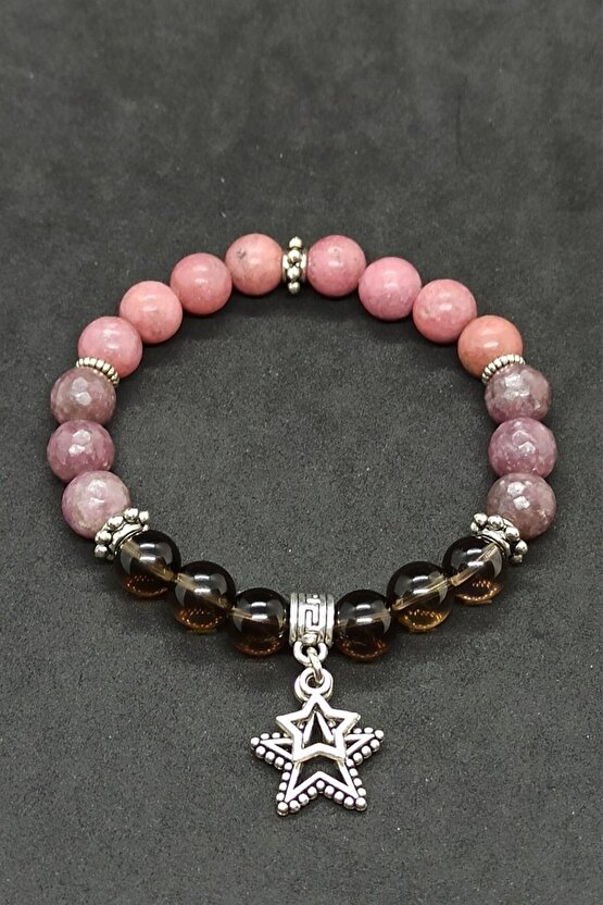 Dumanlı Kuvars Lepidolit Rodonit Doğal Taş Kadın Bileklik Prof