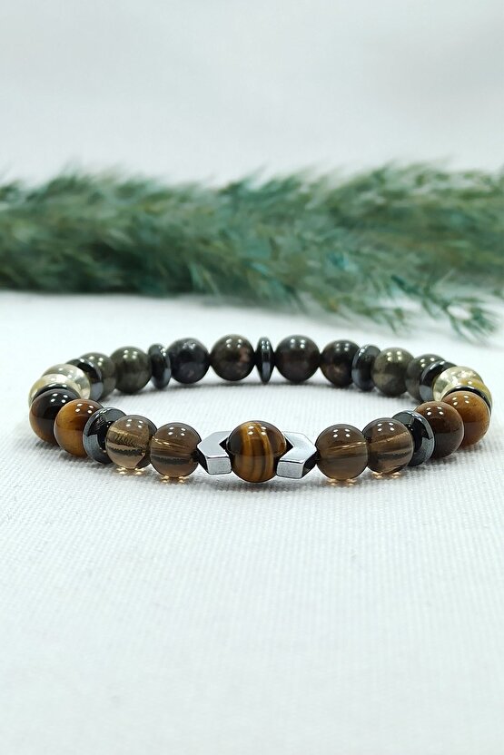 Dumanlı Kuvars Pirit Karma Doğal Taş Erkek Bileklik Prof