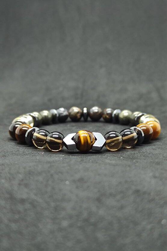 Dumanlı Kuvars Pirit Karma Doğal Taş Erkek Bileklik Prof