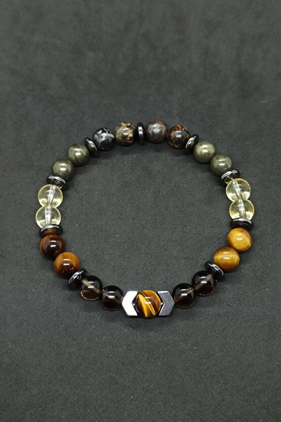 Dumanlı Kuvars Pirit Karma Doğal Taş Erkek Bileklik Prof