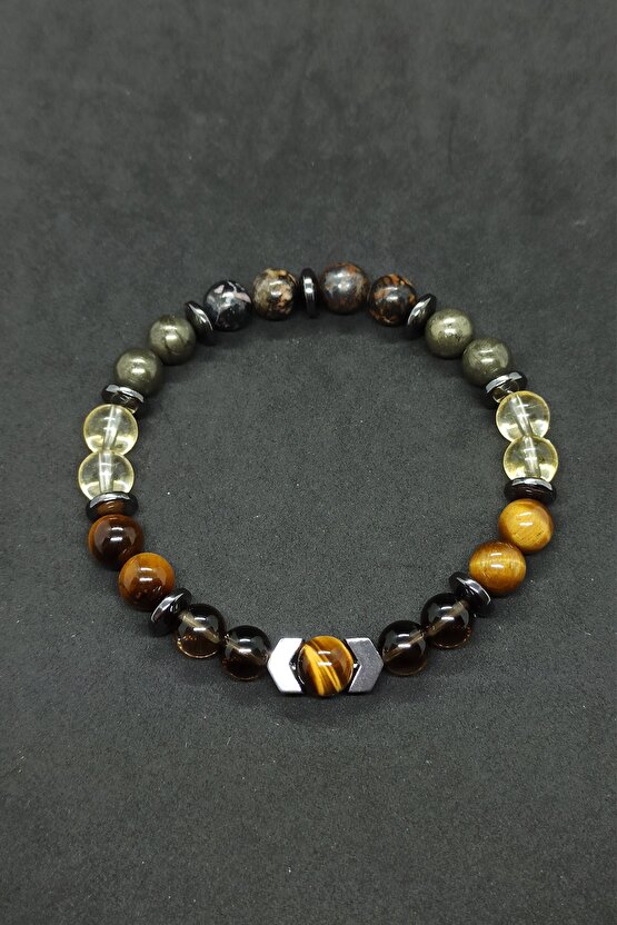 Dumanlı Kuvars Pirit Karma Doğal Taş Erkek Bileklik Prof