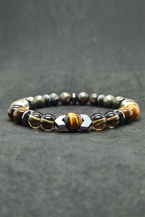 Dumanlı Kuvars Pirit Karma Doğal Taş Erkek Bileklik Prof