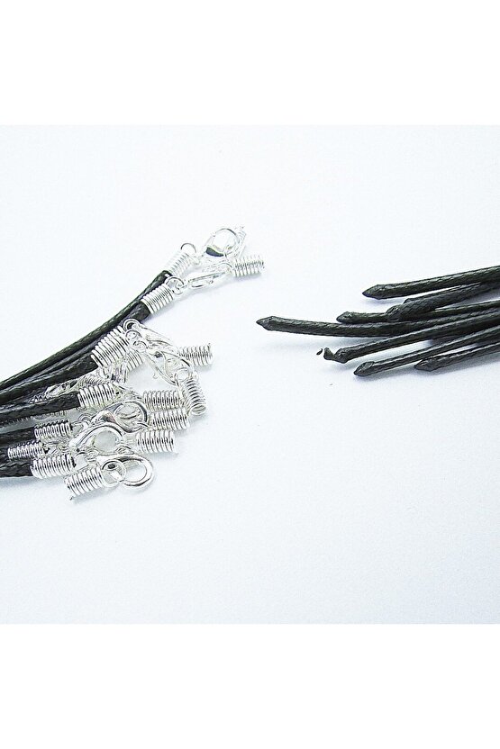 45 Cm Hazır Kolye Ipi , Gümüş Aparatlı Siyah Ip , Suni Deri Kauçuk Hazır Kore Ipi