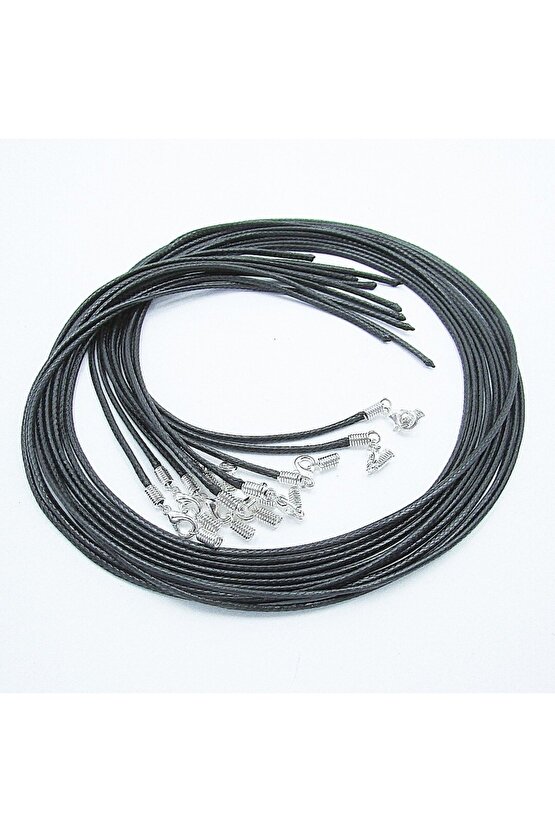 45 Cm Hazır Kolye Ipi , Gümüş Aparatlı Siyah Ip , Suni Deri Kauçuk Hazır Kore Ipi