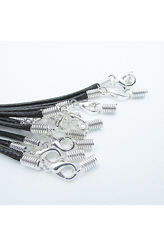 45 Cm Hazır Kolye Ipi , Gümüş Aparatlı Siyah Ip , Suni Deri Kauçuk Hazır Kore Ipi