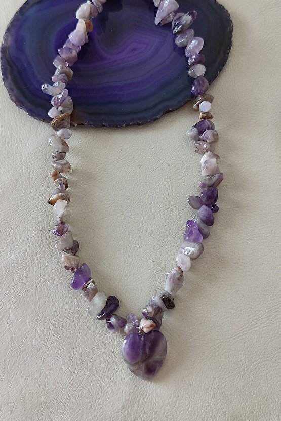 Sertifikalı Ametist Kırıktaş Doğaltaş Kalp Kolye