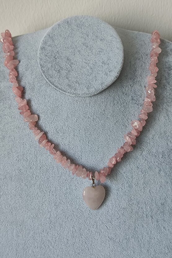 Sertifikalı Pembe Kuvars Kırıktaş Doğaltaş Kalp Kolye