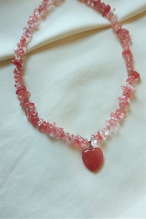 Sertifikalı Gül Kuvars Kalp Kırıktaş Doğaltaş Kolye