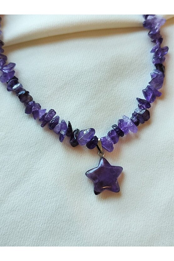Sertifikalı Koyu Ametist Yıldız Kırıktaş Doğaltaş Kolye