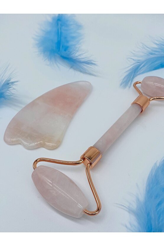 Doğal Taş Pembe Kuvars Kaz Ayaklı Roler Gua Sha Masaj Seti