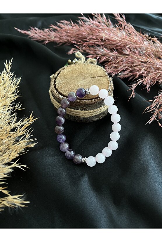 Ametist ve Pembe Kuvars Tasarım Doğal Taş Bileklik