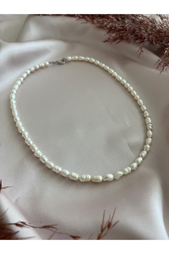 Gerçek Inci Kolye Tatlı Su Incisi Arpa Model Inci (45 CM)